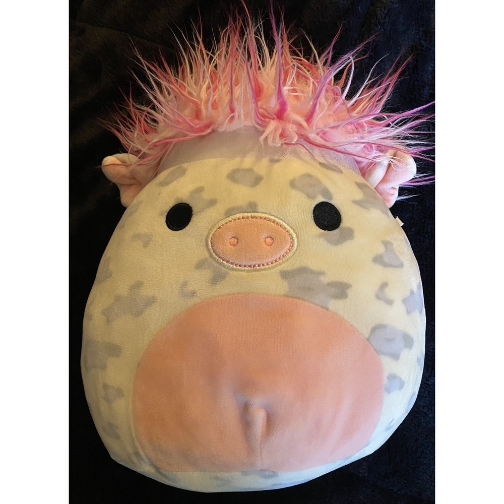 Squishmallow Cow Plush & Pink Mohawk Hair Grey Spots Soft Stuffed Animal 8 inch